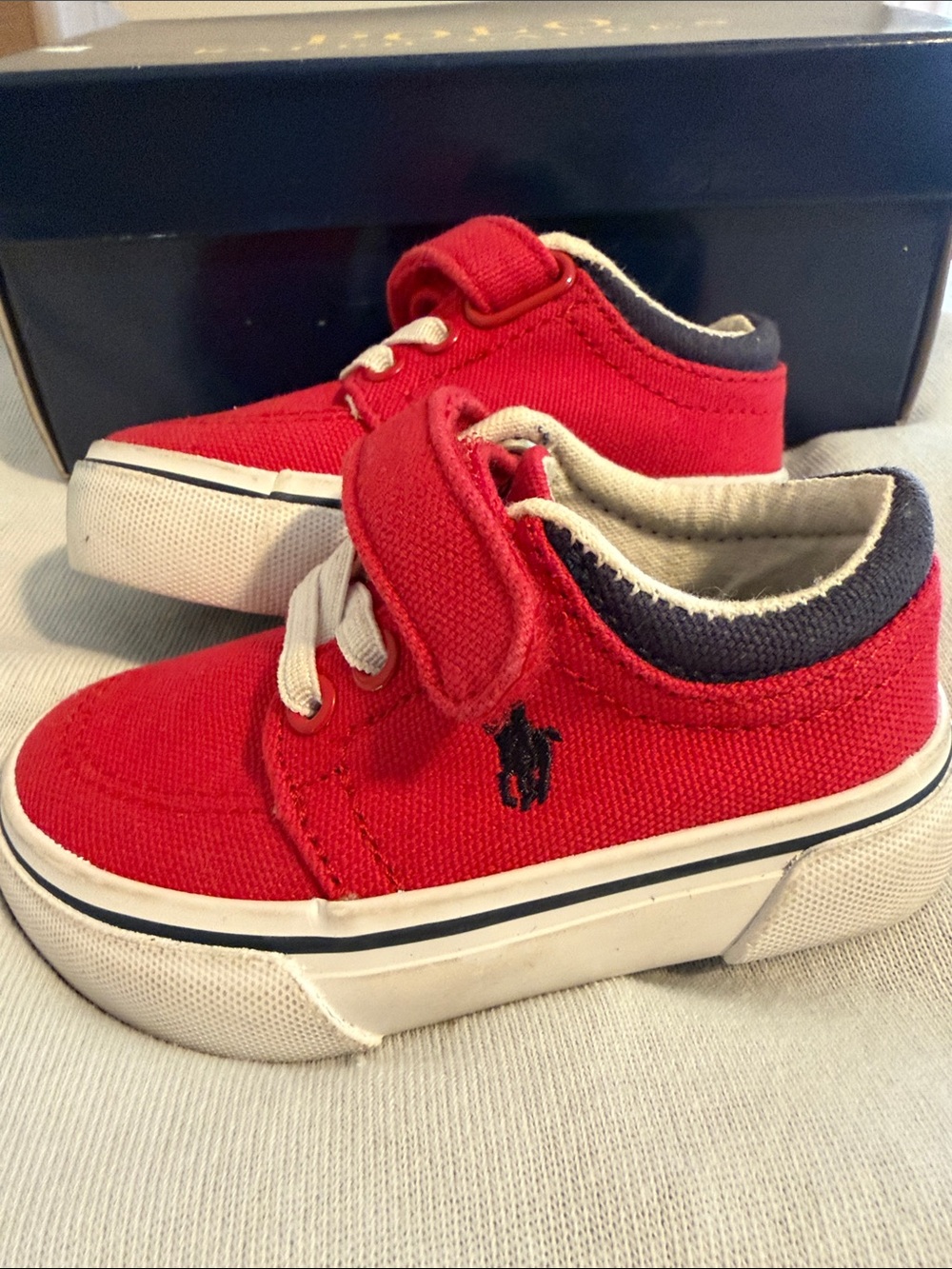 Polo by Ralph Lauren Boys Red Canvas Sneakers with Navy Trim